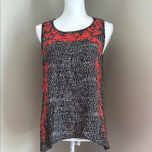 THML | Anthropologie | Printed Tank Top with Coral Embroidered Flowers | Large